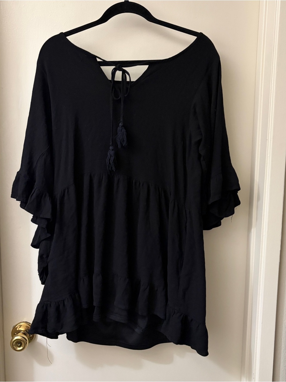 Very J Black Ruffle Sleeve Tie-Back Tunic Top